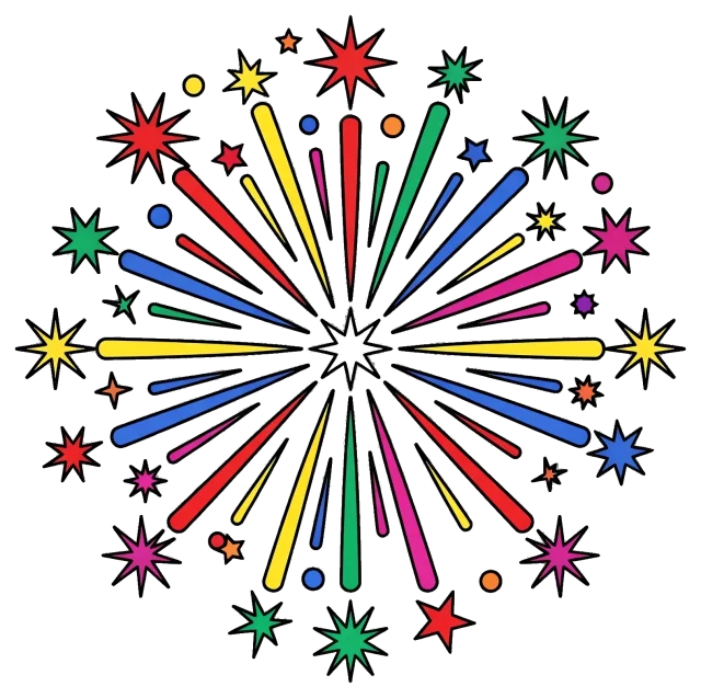Colorful Fireworks Burst with Stars and Dots