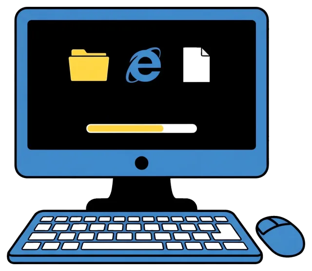 Computer clipart with folder, browser, file icons and loading bar