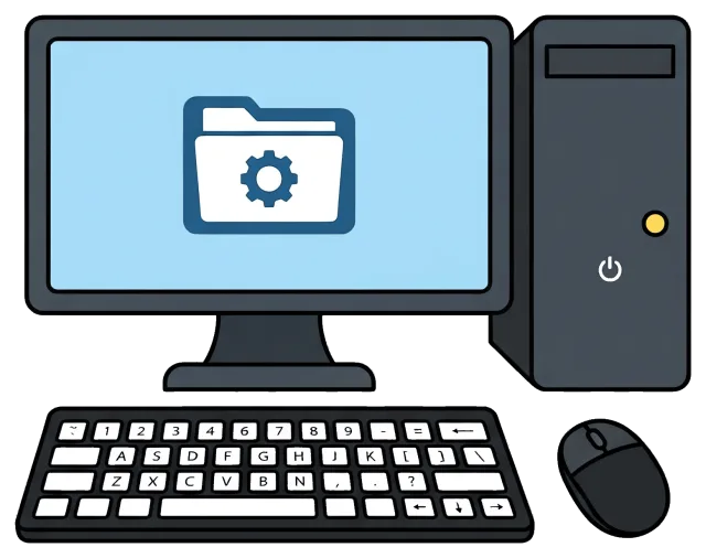 Computer setup with monitor, keyboard, and mouse showing folder icon