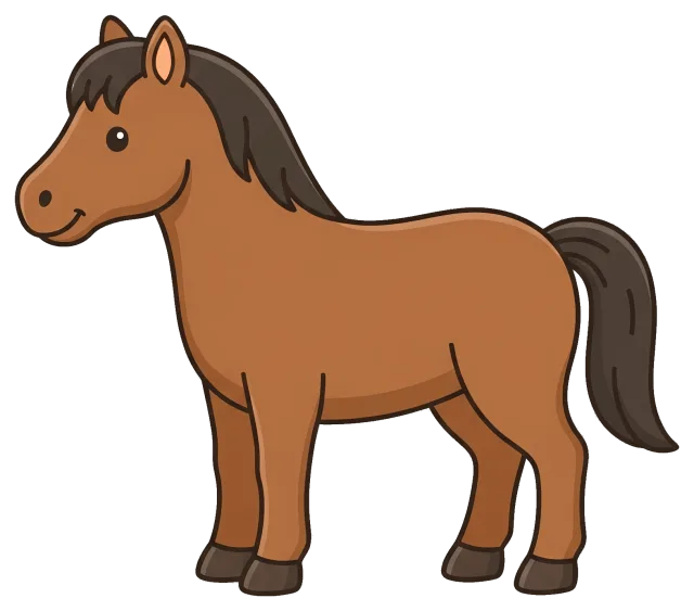 Cute brown cartoon horse with dark mane and tail