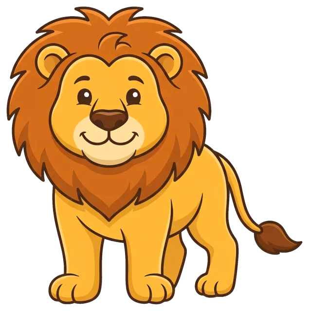 Cute cartoon lion with a big mane smiling