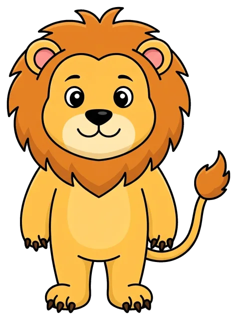 Cute cartoon lion with a big mane standing upright