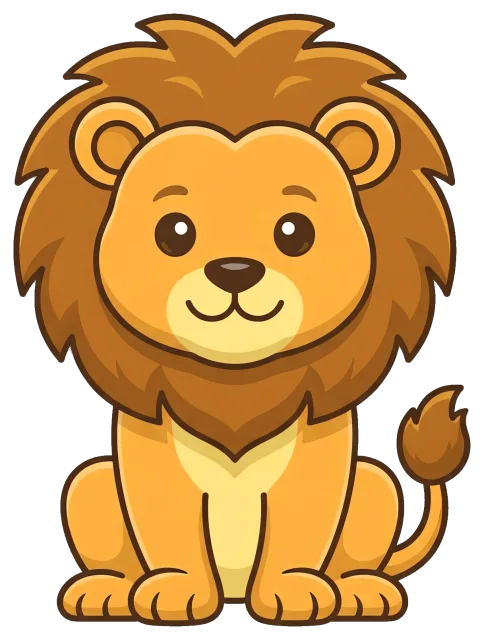 Cute cartoon lion with a fluffy mane sitting