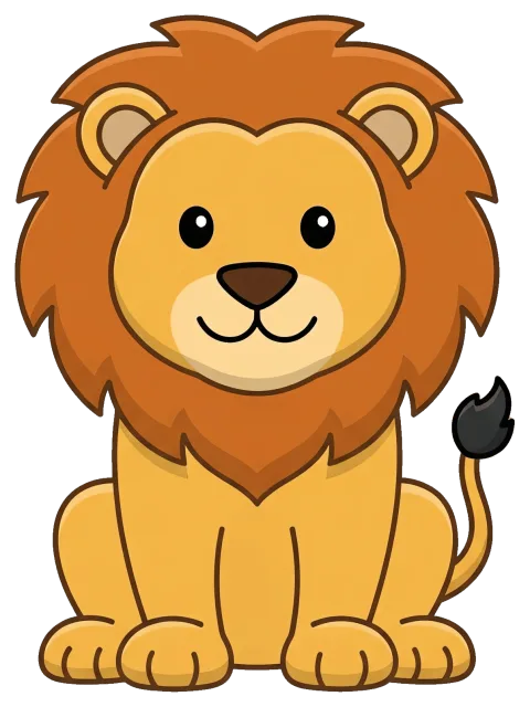 Cute cartoon lion with a large mane sitting
