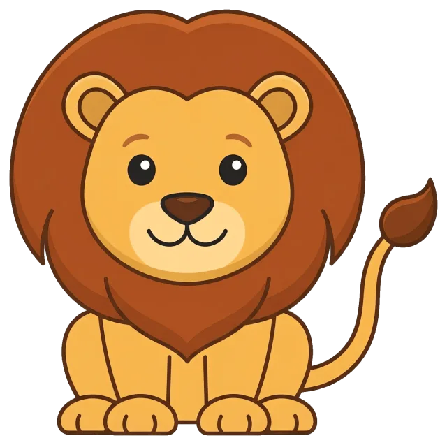 Cute cartoon lion with large mane sitting