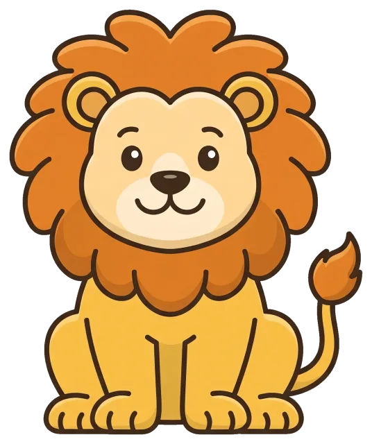 Cute cartoon lion with large mane sitting