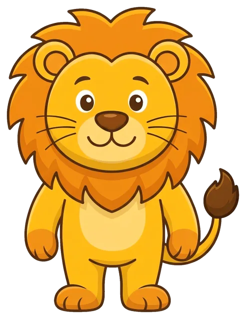 Cute cartoon lion with orange mane standing upright