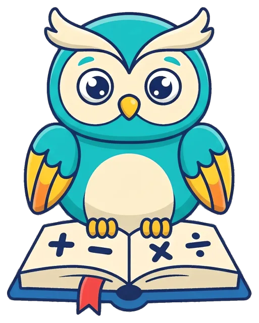 Cute owl with math book showing arithmetic symbols