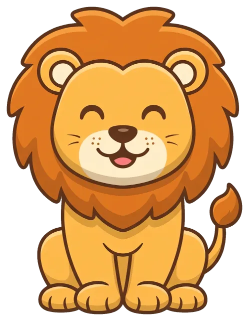Happy cartoon lion with a big mane sitting