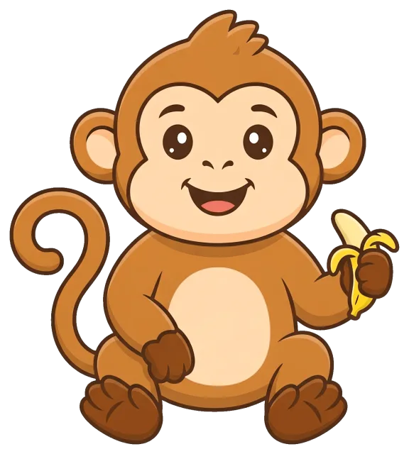 Happy cartoon monkey holding a peeled banana