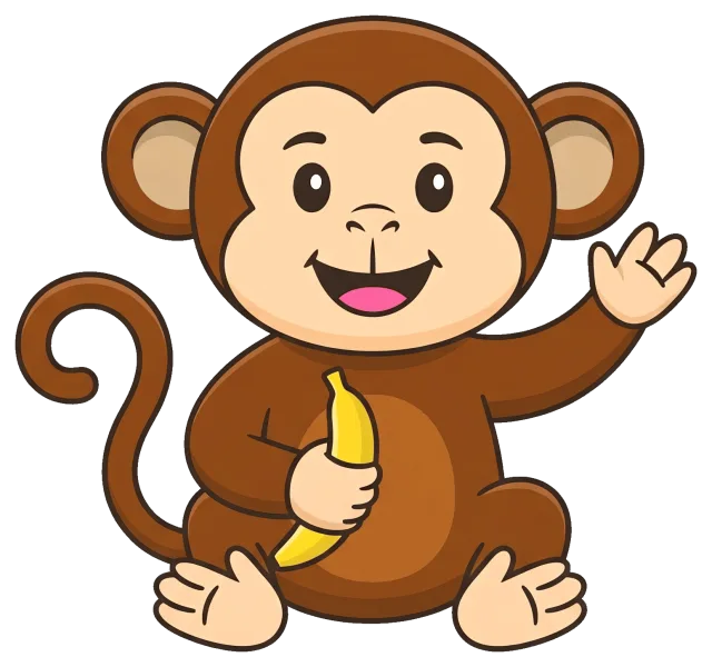 Happy cartoon monkey holding banana and waving