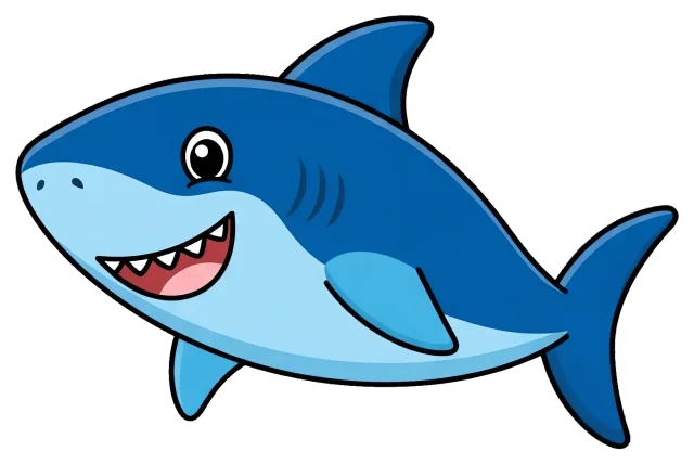 Happy cartoon shark with big eyes and sharp teeth