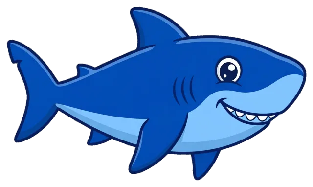 Smiling blue cartoon shark with big eyes