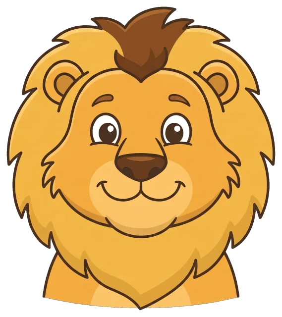 Smiling cartoon lion head with brown mane