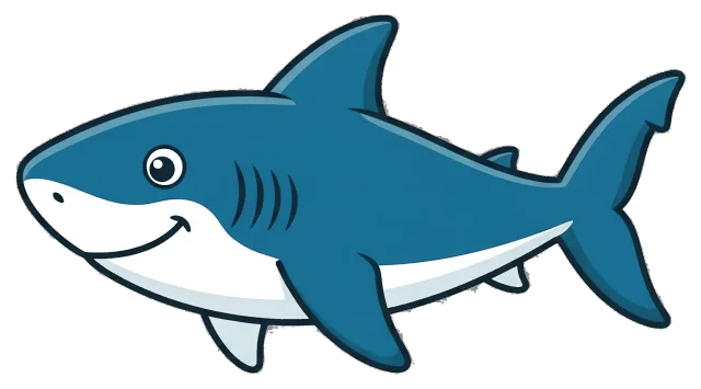 Smiling cartoon shark with blue and white body