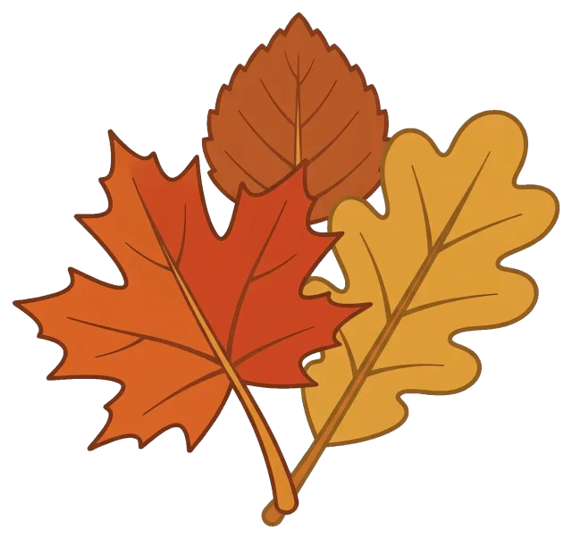 Three colorful fall leaves in orange, brown, and yellow
