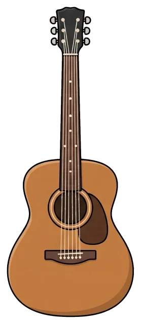 Acoustic guitar with six strings and brown body