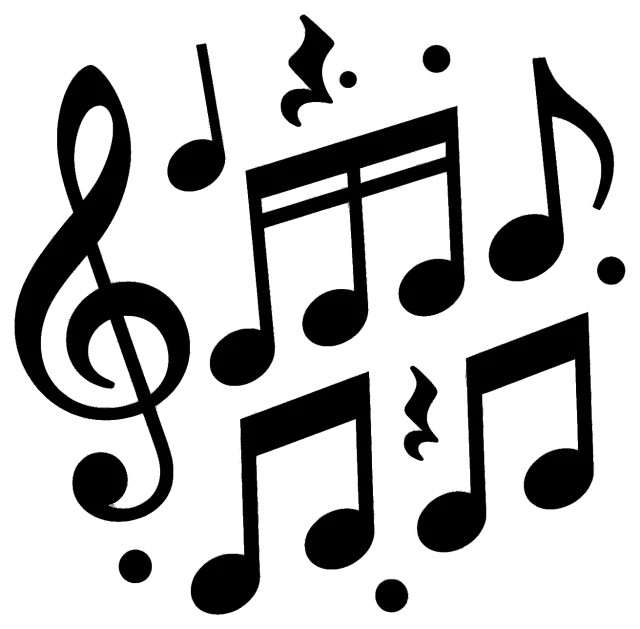 Centered black music notes and treble clef symbols