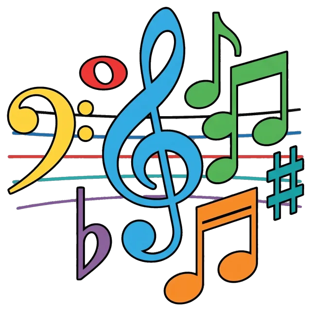 Colorful music notes and symbols on staff lines
