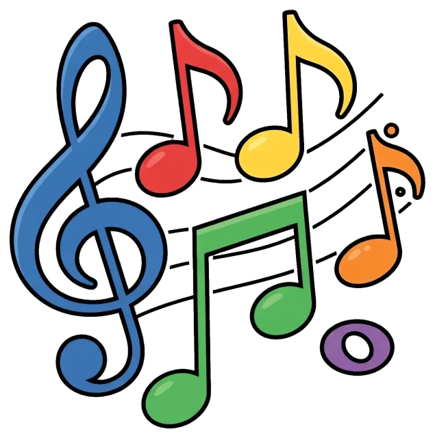 Colorful Music Notes and Treble Clef on Staff Lines