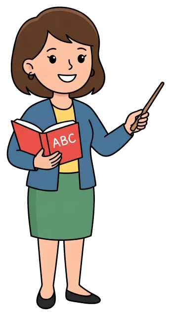 Female Teacher Holding ABC Book and Pointing with Stick