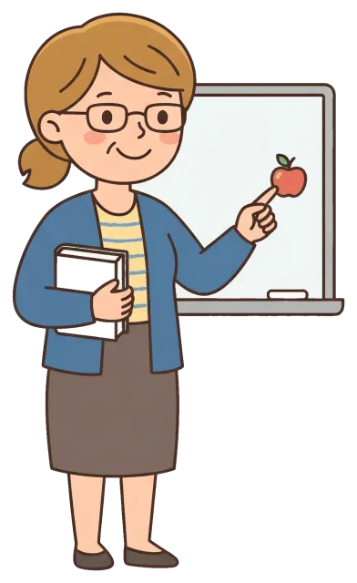 Female teacher holding book and pointing at apple on whiteboard
