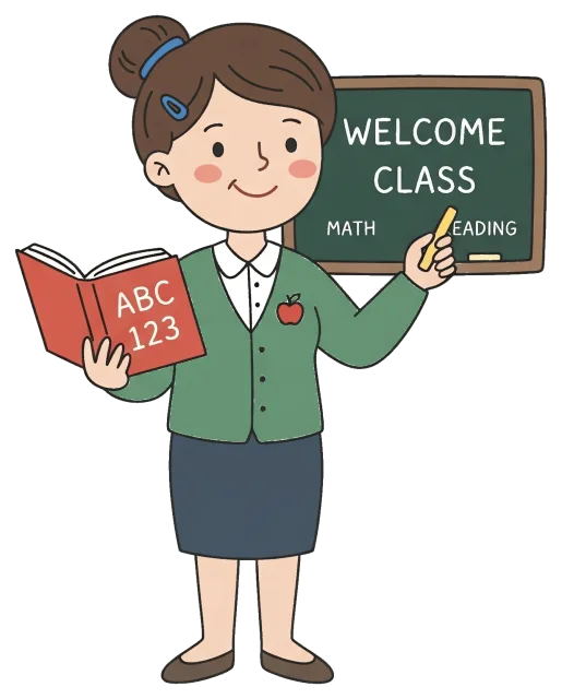 Female Teacher Holding Book and Pointing at Welcome Class Chalkboard