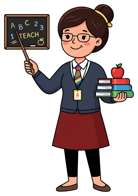 Female Teacher Holding Books and Pointing at Blackboard