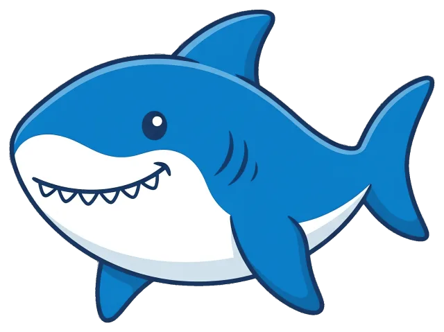 Friendly cartoon shark with blue body and white belly