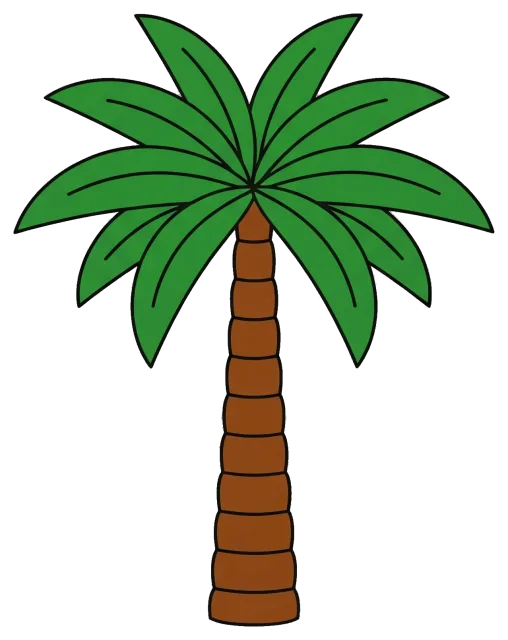 Simple green palm tree with brown segmented trunk