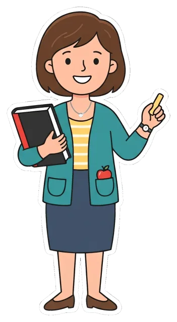 Smiling female teacher holding book and chalk