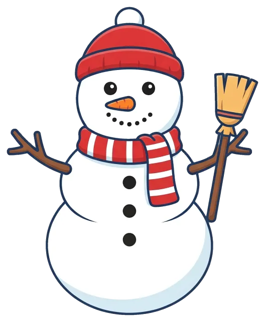 Winter snowman with red hat and striped scarf holding broom