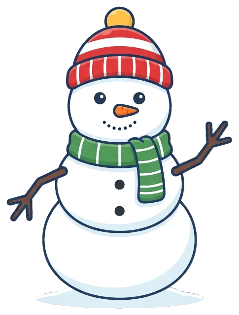 Winter snowman with striped hat and green scarf