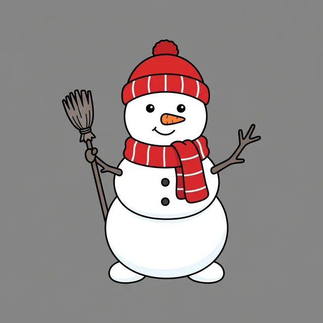 Smiling snowman with red hat and scarf holding broom